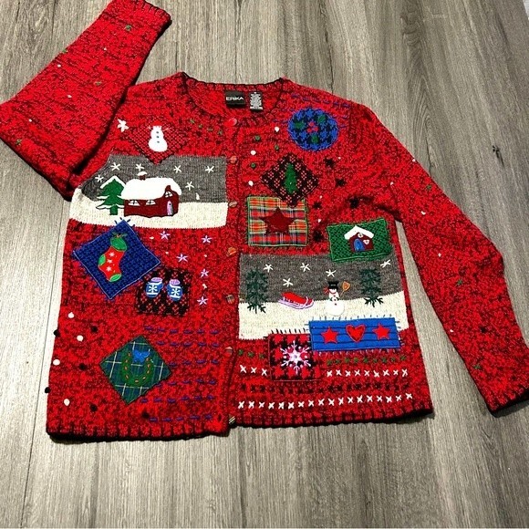 Vintage Red Embroidered Festive Holiday Cardigan Sz M Ugly Christmas Sweater - Picture 1 of 9